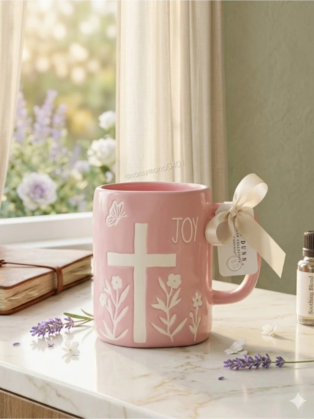 Rae Dunn Pink JOY Cross Floral Ceramic Mug Faith Inspirational Coffee Cup